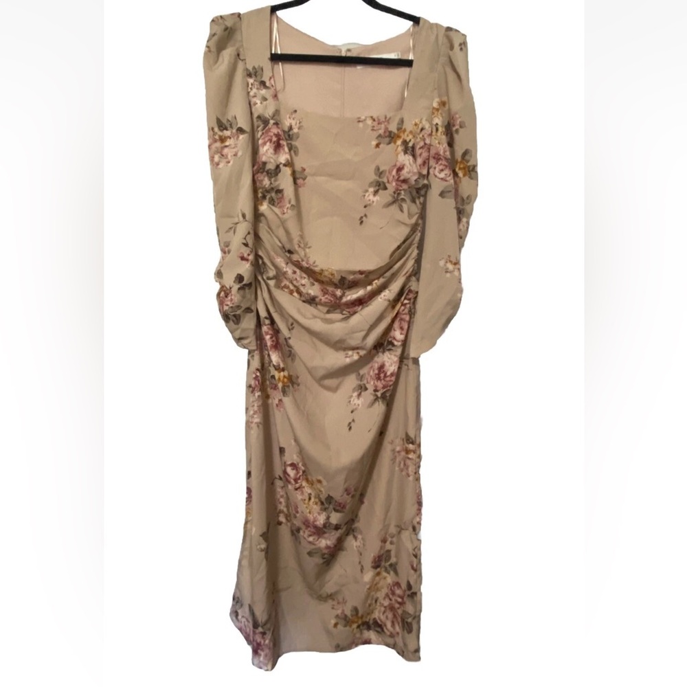 NWT ASTR Blush Floral Ruched Puff Sleeves Midi Dress ADR100819 Medium